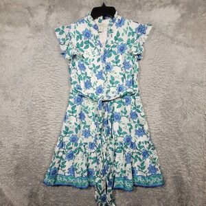 Calypso St. Barth Floral Print Dress Womens 6 Tie Waist Ruffle Sleeve White Blue